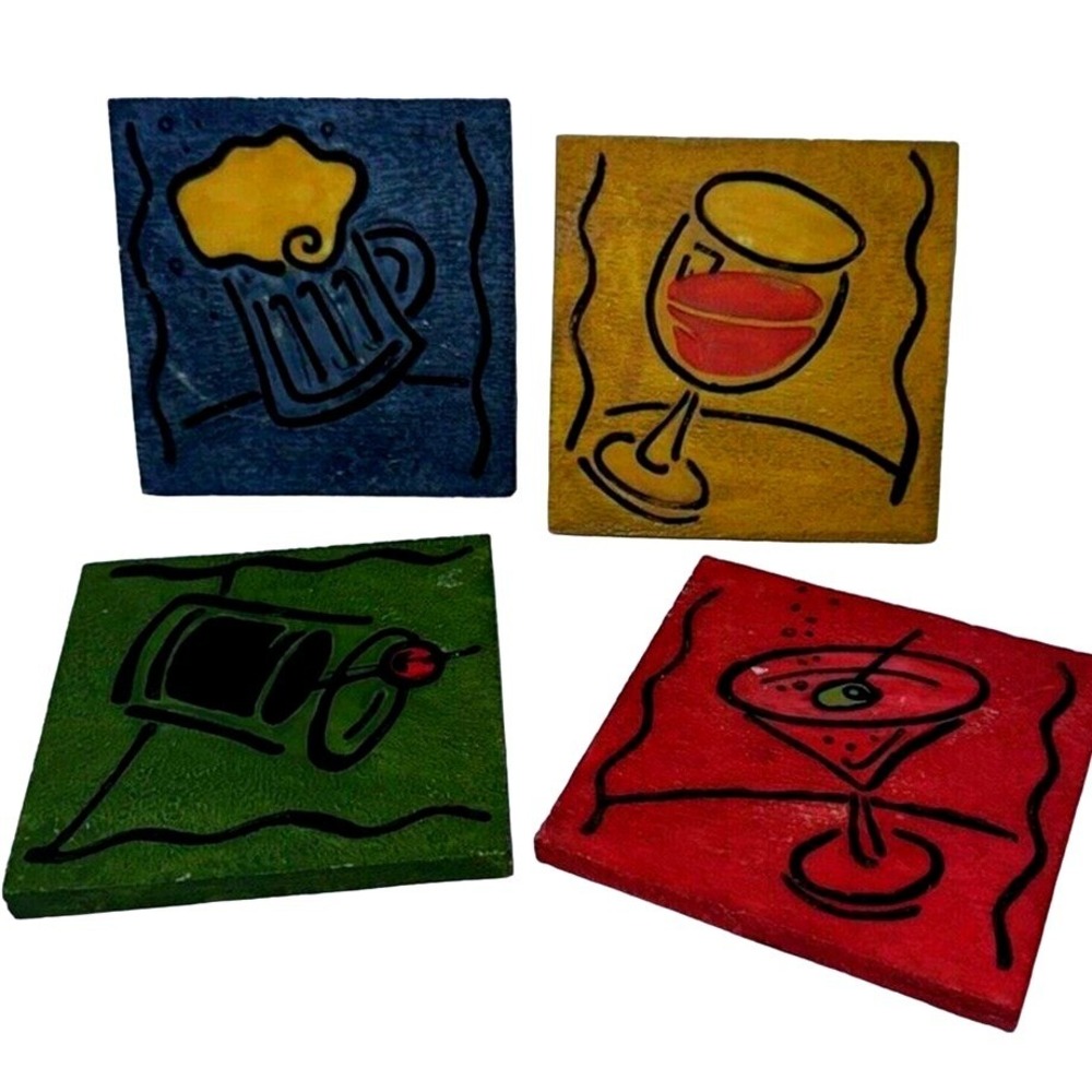 Joie De Vivre Set of 4 Retro Bar Drink Coasters Beer‎ Wine Martini Cocktail Art